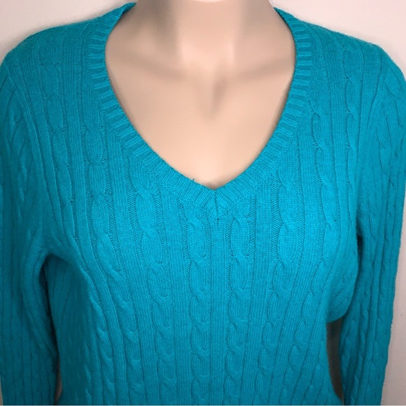 2X JC Penney Teal Merino Wool Cable Knit Sweater Vneck Long Sleeve - Picture 4 of 14